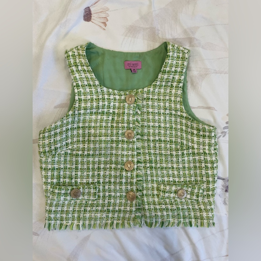 Chic Green Tweed Vest with Buttons